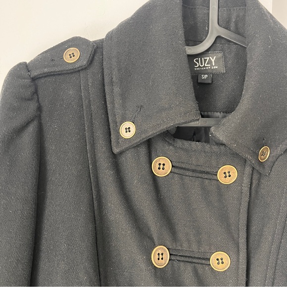 Suzy Shier Double-Breasted Women's Black Coat Wool Blend SizeS Utilitarian - Picture 6 of 8